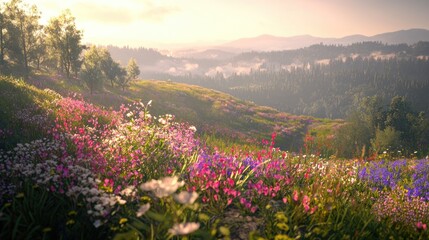 Fototapeta premium Enchanted Sunset Meadow, Serene Landscape of Blooming Wildflowers