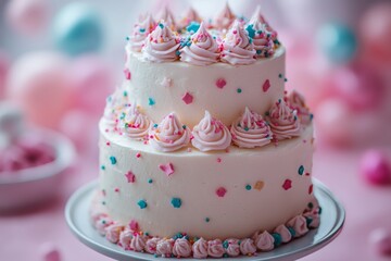 Beautiful three-tiered wedding cake decorated with pink flowers, set in an elegant reception space