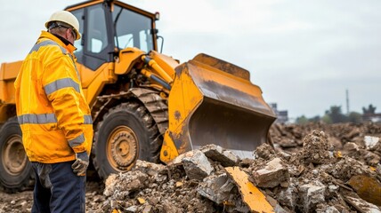 Fototapeta premium A construction worker in safety gear observing a yellow bulldozer on a debris-strewn site, showcasing heavy machinery in action.