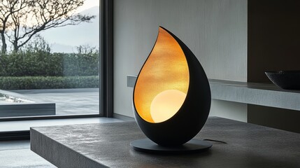 Modern sculptural lamp enhances contemporary kitchen and dining area with elegant design and natural light