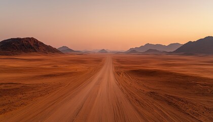 Fototapeta premium Serene Desert Landscape with Endless Road and Mountain Range at Dusk