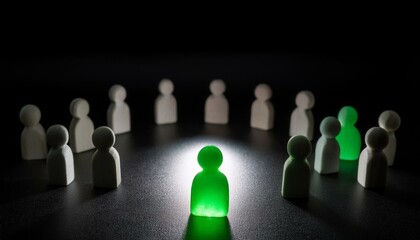 검은 배경 위에서 흐릿한 회색 인물들 사이에 한 인물이 녹색 빛으로 강렬하게 빛나며 중심에 자리 잡는다