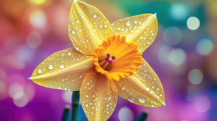 Fototapeta premium Close-Up Macro Shot of the Center of a Bright Yellow Daffodil with Purple and Green Dew Drops on the Petals Surrounded by a Vibrant and Colorful Background