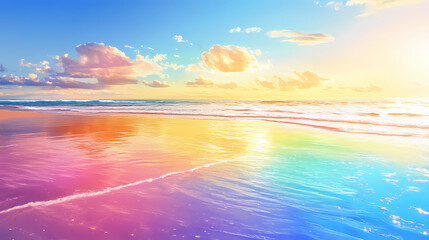 Fototapeta premium Vibrant rainbow colors shining on the sandy beach during daylight hours by the ocean. Rainbow Shoreline. Illustration