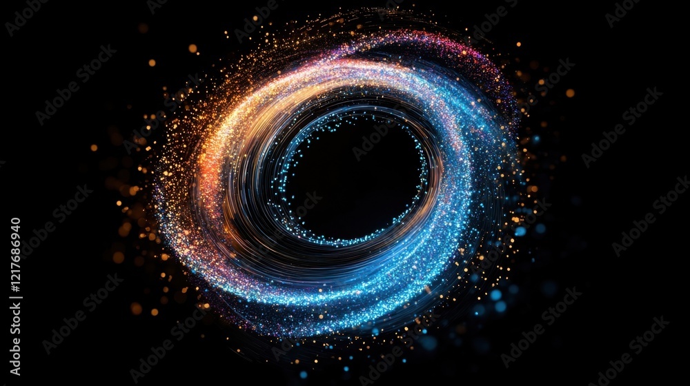 Poster bright, colorful particles swirling and creating a circular shape with empty space in the center aga