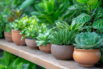 Fototapeta premium Bright green plants arranged neatly on a wooden shelf in indoor garden setting