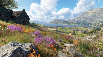 Rustic cottage overlooking fjord village, wildflowers, sunny day