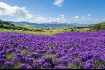 Vibrant lavender fields stretch across rolling hills under a clear blue sky