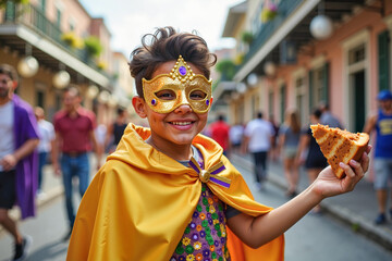 Latino American boy smiling joyfully in a golden cape and sequined mask, dancing on a festive street,  vibrant Mardi Gras celebration concept.