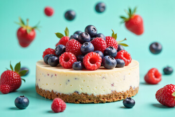 Mixed berry cheesecake topped with blueberries and raspberries against a cool teal background, celebrating indulgence in desserts.