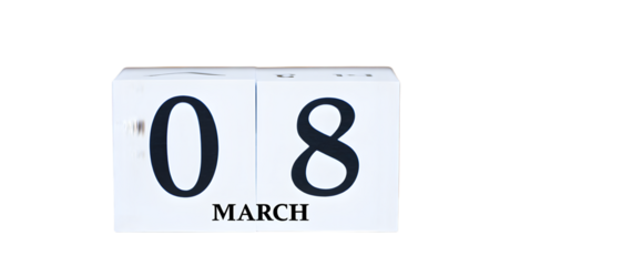 desk calendar displaying the date "08 MARCH". The calendar is composed of white wooden blocks with black text,pnj