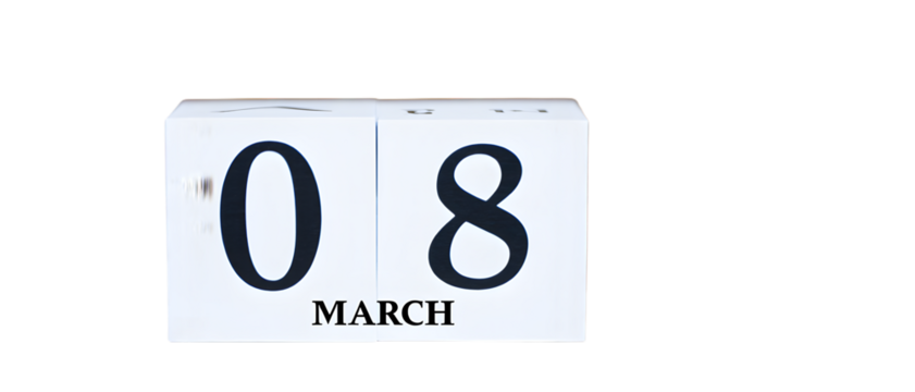 desk calendar displaying the date "08 MARCH". The calendar is composed of white wooden blocks with black text,pnj - Powered by Adobe
