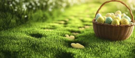 A colorful basket filled with eggs rests on lush green grass, symbolizing the joy of Easter celebrations.