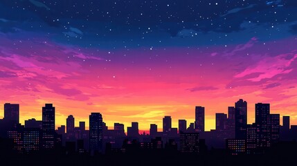 Naklejka premium Vibrant Cityscape Sunset Pink Purple and Orange Sky with Starry Night and Silhouetted Buildings