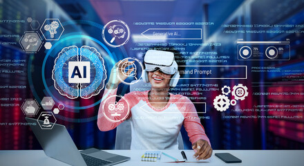 African girl looking at AI technology hologram while using VR glasses. Academic student wearing...
