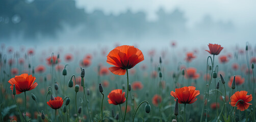 Obraz premium Bright red poppy flowers stand out in a lush green field, surrounded by a light mist and soft morning light. Dew can be seen on the petals as nature awakens