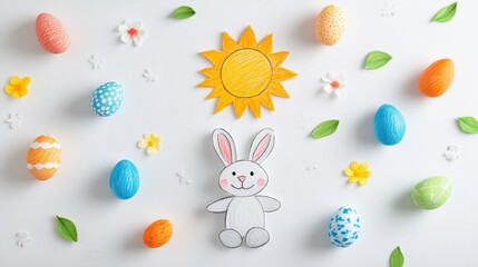 A colorful paper cutout featuring a bunny alongside decorated Easter eggs, celebrating the joy of the holiday.