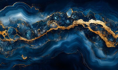 Obraz premium Abstract Blue and Gold Fluid Art with Marbled Texture and Metallic Accents Background