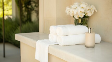 Ultimate Relaxation: Luxurious Spa Table with Fresh Towels and Flowers