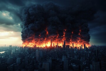 Dramatic Urban Landscape with Fire and Smoke Over City Skyline