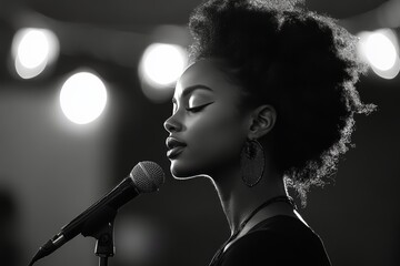 Singer performing on stage during live music event in black and white