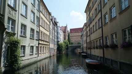 Obraz premium Boats on tranquil canal, European city, sunny day