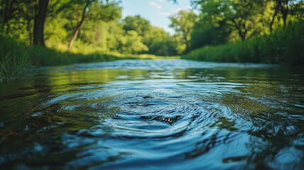 Naklejka premium Tranquil river reflecting golden sunset light surrounded by lush trees in serene landscape
