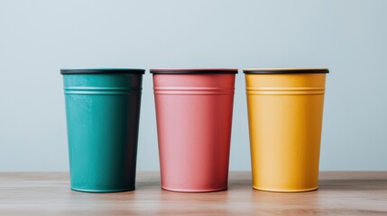 Colorful Metal Buckets in a Line on a Wooden Surface