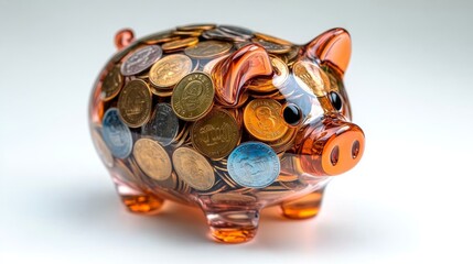 Colorful glass piggy bank filled with coins reflecting savings methods and financial planning strategies