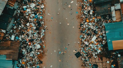 Aerial View of Waste-Strewn Road in Urban Environment with Trash