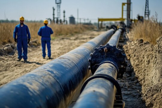 Oil pipeline stretches across a landscape with workers maintaining valves in the field