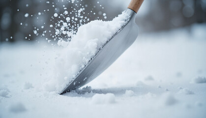 Shoveling snow with a metal shovel and flying snowflakes in a winter landscape