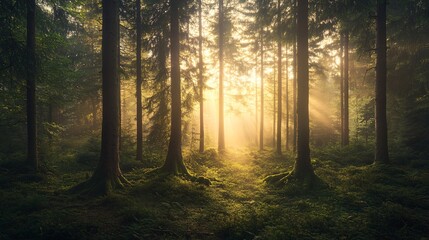 Obraz premium Enchanted Forest with Curved Trees Illuminated by Warm Sunlight Streaming Through the Canopy