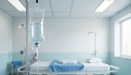 Medical equipment setup with IV drip in a hospital room featuring a patient bed