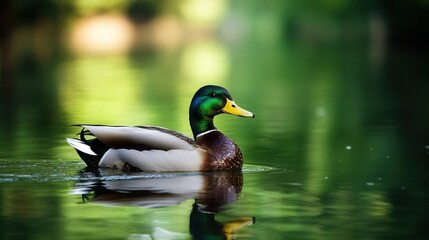 Obraz premium Male Mallard Duck Swimming Calm Green Water Nature Wildlife Photography