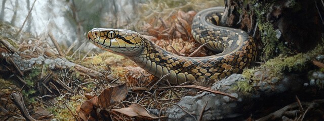 Fototapeta premium Majestic Serpent in Forest Habitat Detailed Close Up of Snake in Natural Environment
