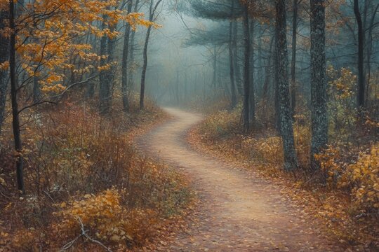 Autumn pathway through a misty forest with golden leaves and soft lighting