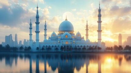 Naklejka premium A white mosque with two minarets stands on a body of water with a crescent moon in the sky