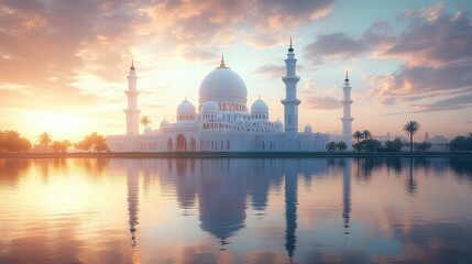 Naklejka premium A white mosque with two minarets stands on a body of water with a crescent moon in the sky
