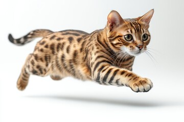 A Bengal cat leaps gracefully through the air, showcasing agility and beauty.