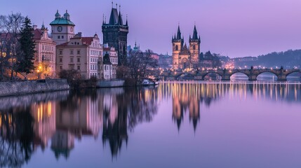 Fototapeta premium Prague twilight river reflection, cityscape, bridges, tourism