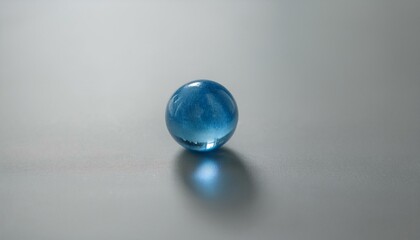 무채색의 회색 배경 위에 하나의 푸른 구슬이 반짝이며 중앙에 놓여 있다. 구슬은 투명한 빛을 반사해 강조된다