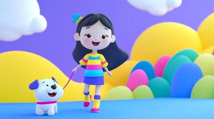 Naklejka premium Woman Walking a Dog Playful 3D cartoon style illustration.