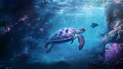 Obraz premium Tranquil turtle in a sapphire sea, serene underwater wildlife portrait. Sapphire Lagoon. Illustration