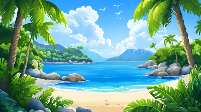 Tropical lagoon adventure exotic island nature pristine environment serene view vibrant mood. Sapphire Lagoon. Illustration