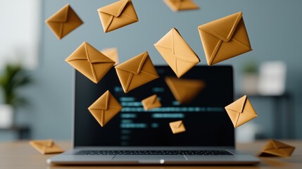 Digital Inbox Overload: A modern laptop overflows with a flurry of floating 8 brown envelopes, illustrating the concept of email marketing, communication, and online messaging.