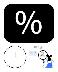 Percentage symbol, clock, and person holding a clipboard next to financial icons thumbs up money and credit card. Ideal for business efficiency, financial planning, productivity, time management