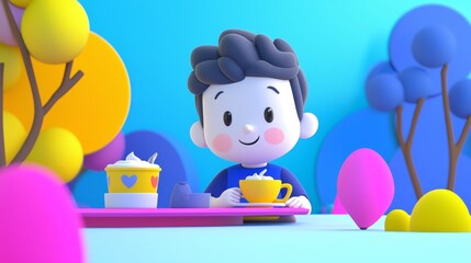 Fototapeta premium Man Drinking Coffee at a Cafe Playful 3D cartoon style illustration.