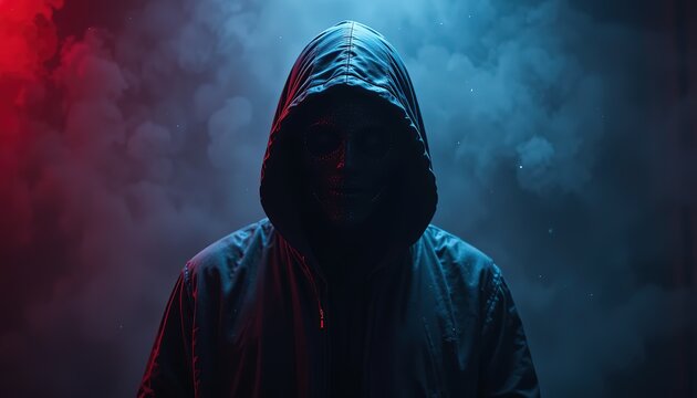 Hacker or scammer character in the dark with their face obscured by the hood, standing under dim red lighting, HD image
