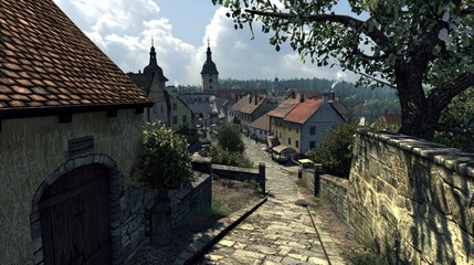 Fototapeta premium Medieval village street, cobblestone path, hills, church towers, game background